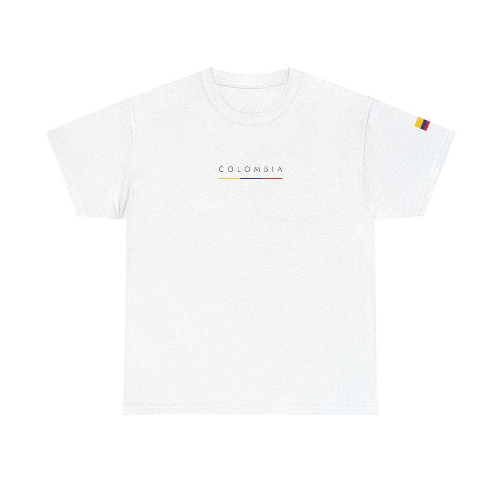 Colombia Minimalist Flag Tee — Small Text & Sleeve Flag T-Shirt