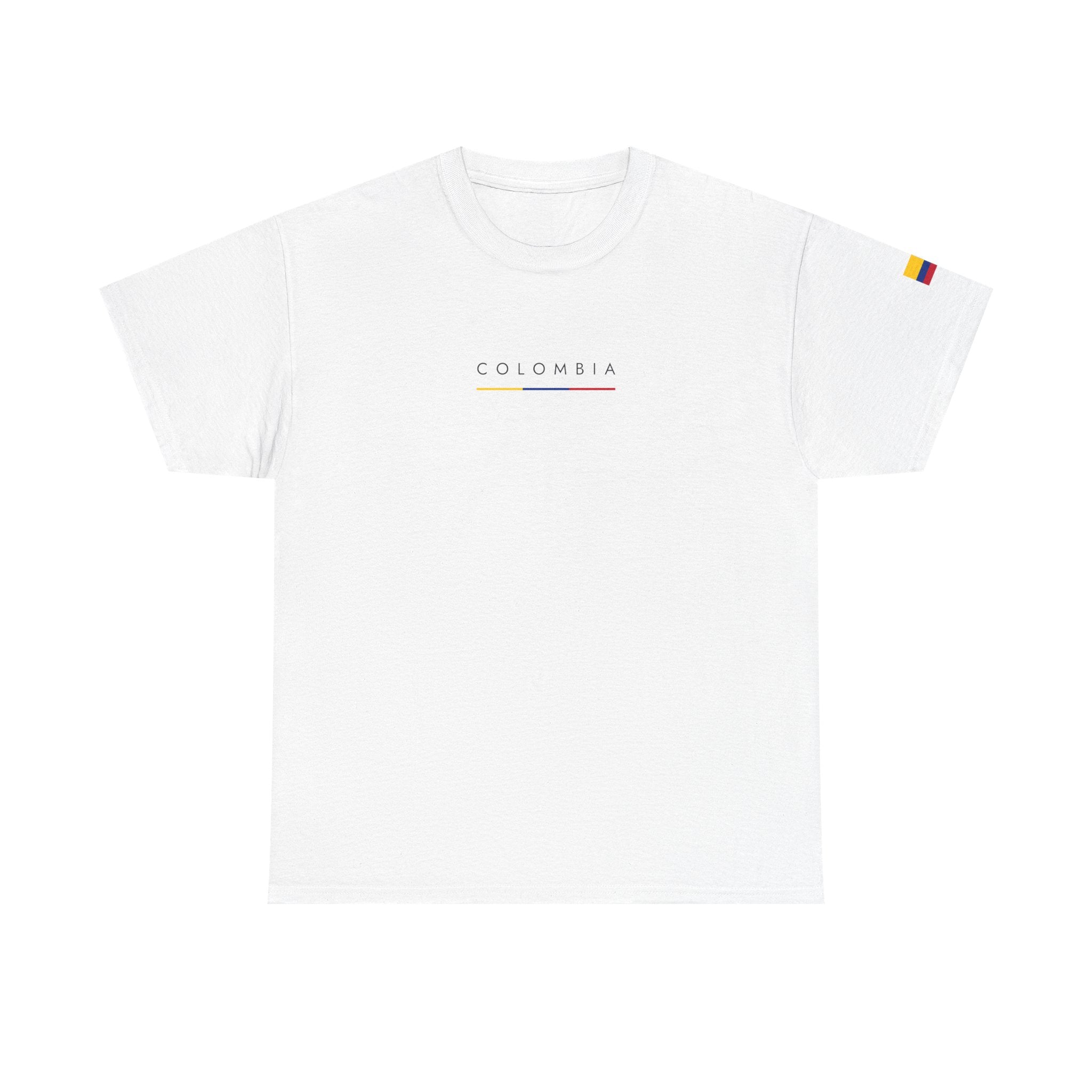 Colombia Minimalist Flag Tee — Small Text & Sleeve Flag T-Shirt
