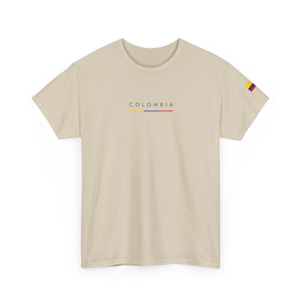 Colombia Minimalist Flag Tee — Small Text & Sleeve Flag T-Shirt
