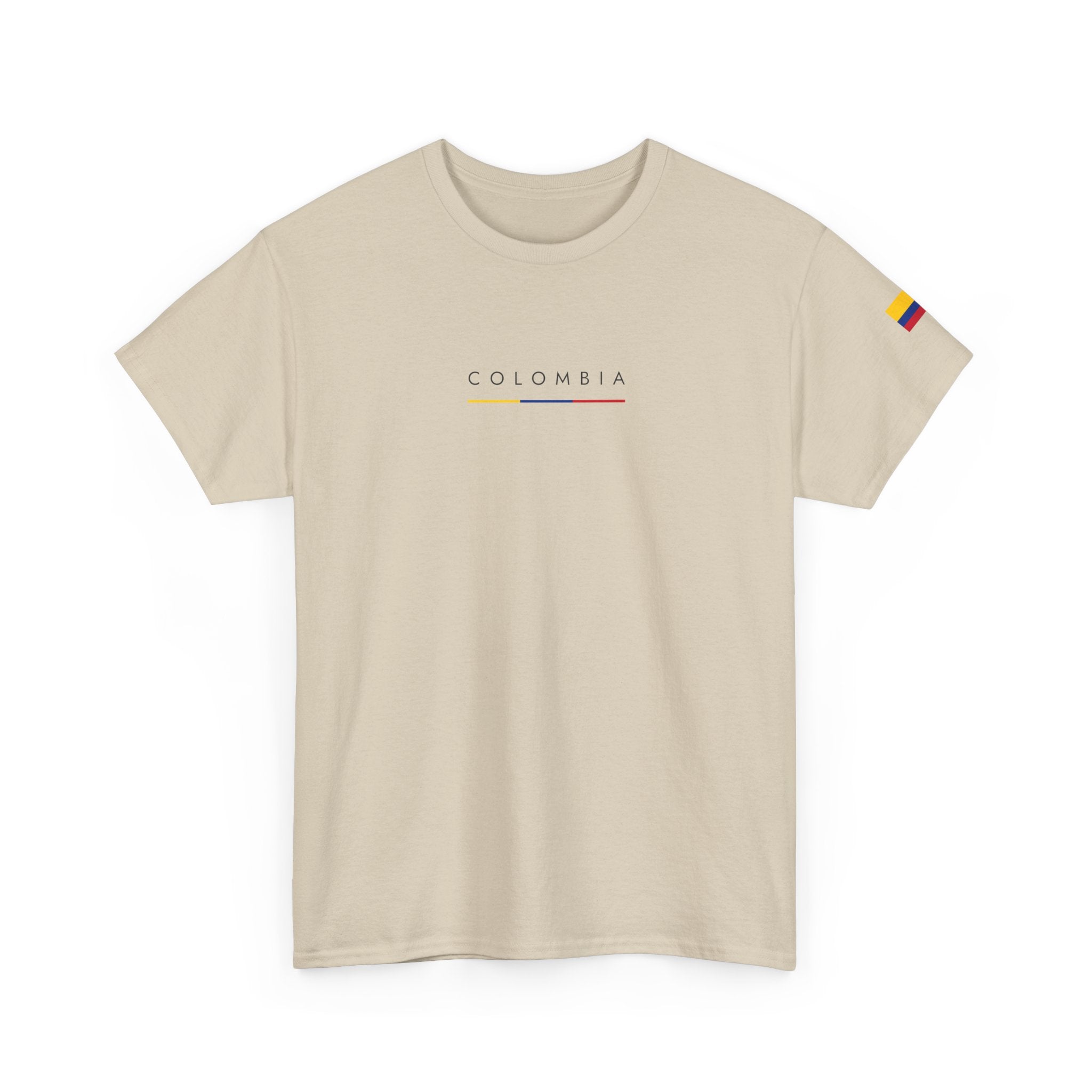 Colombia Minimalist Flag Tee — Small Text & Sleeve Flag T-Shirt