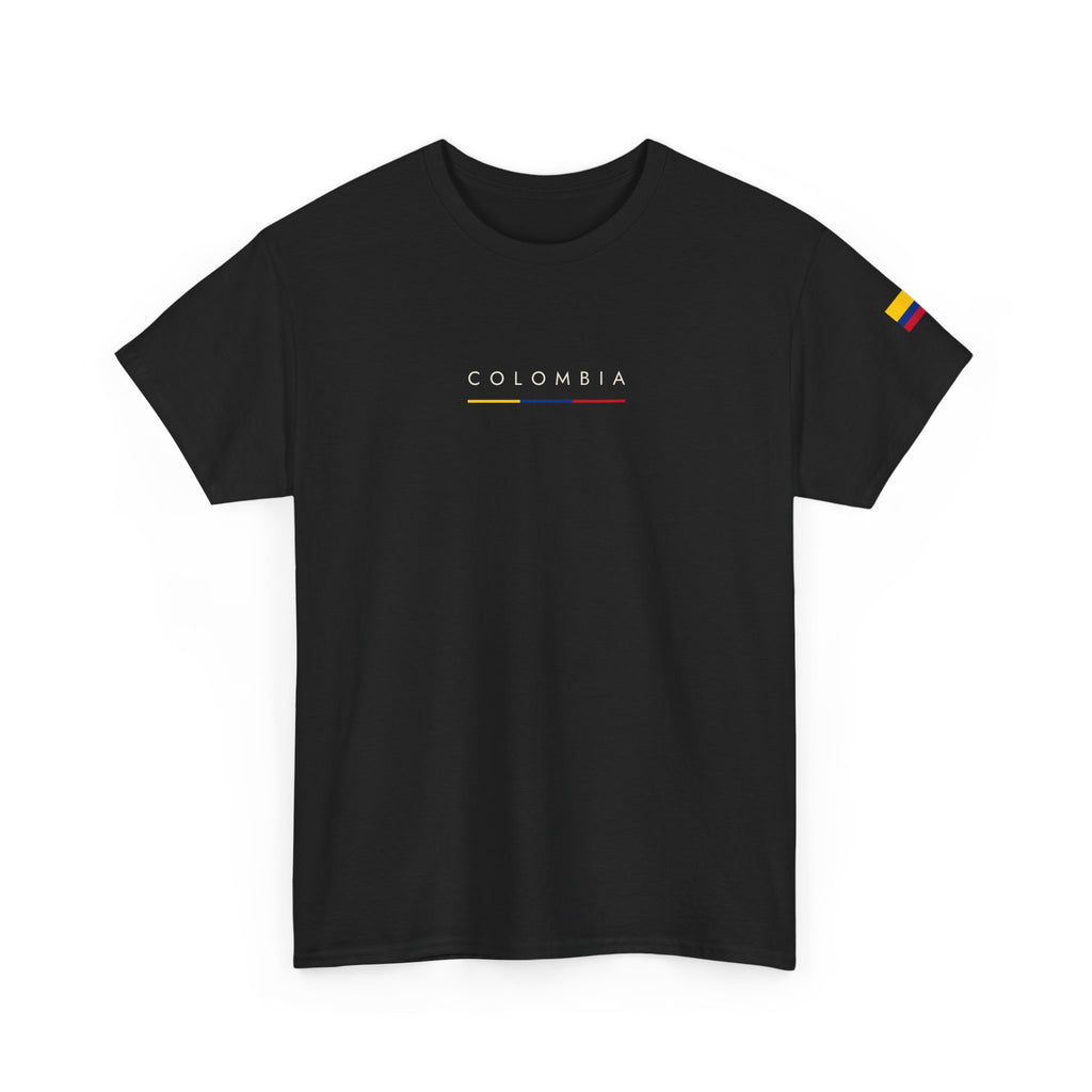Colombia Minimalist Flag Tee — Small Text & Sleeve Flag T-Shirt