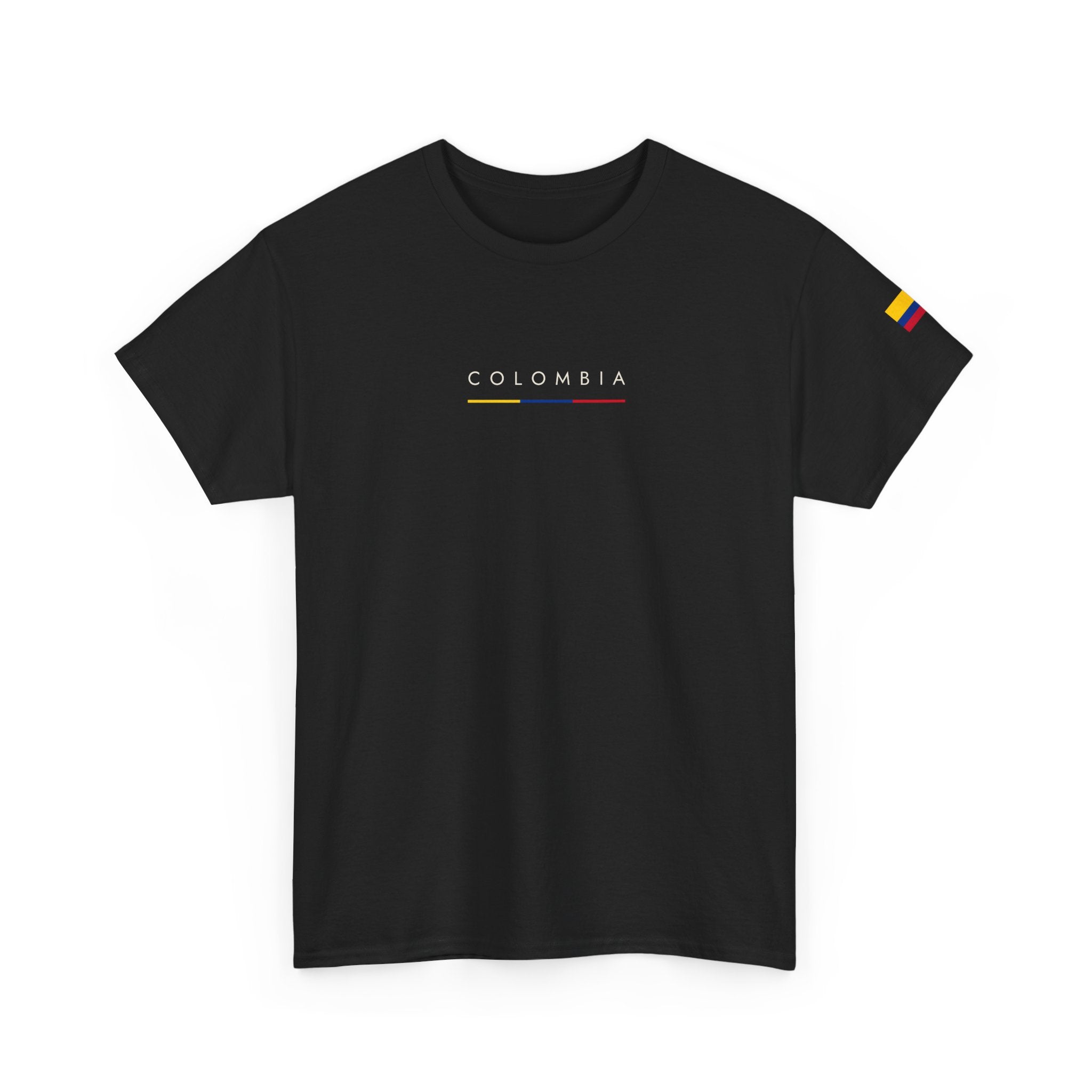 Colombia Minimalist Flag Tee — Small Text & Sleeve Flag T-Shirt