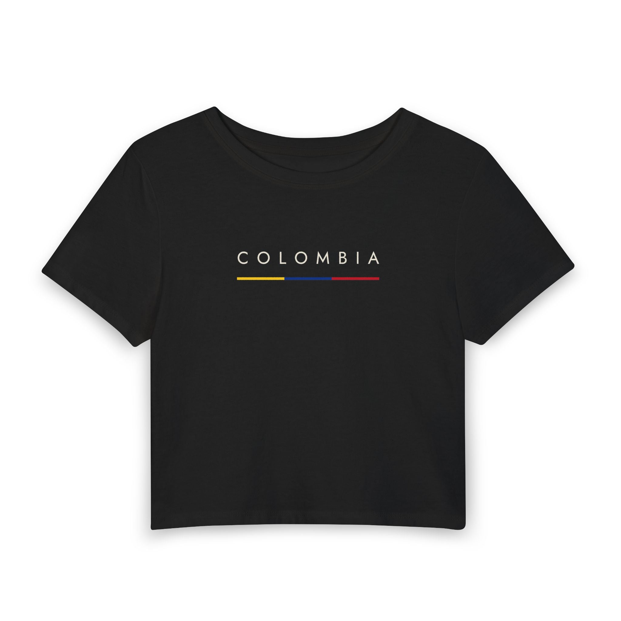 Colombia Minimalist Crop Tee — Colombia Text with Flag Stripes