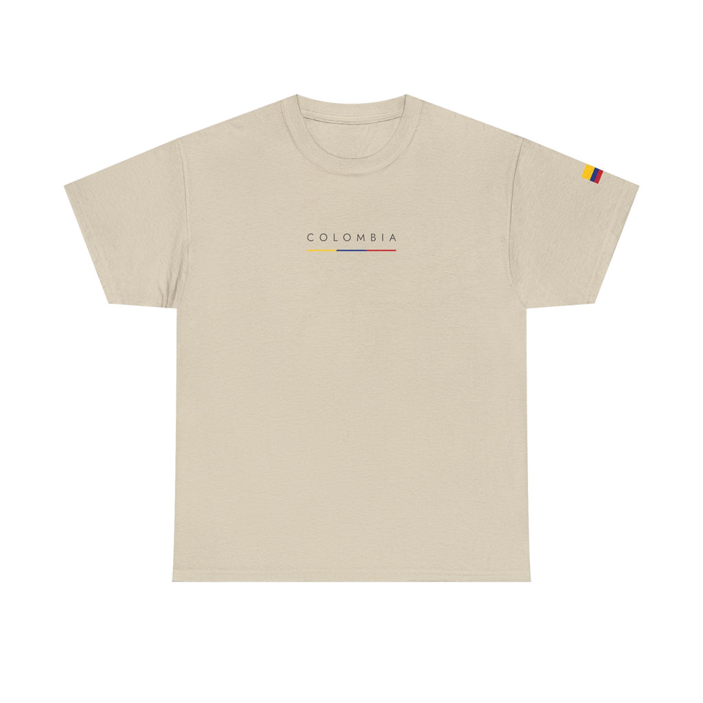 Colombia Minimalist Flag Tee — Small Text & Sleeve Flag T-Shirt