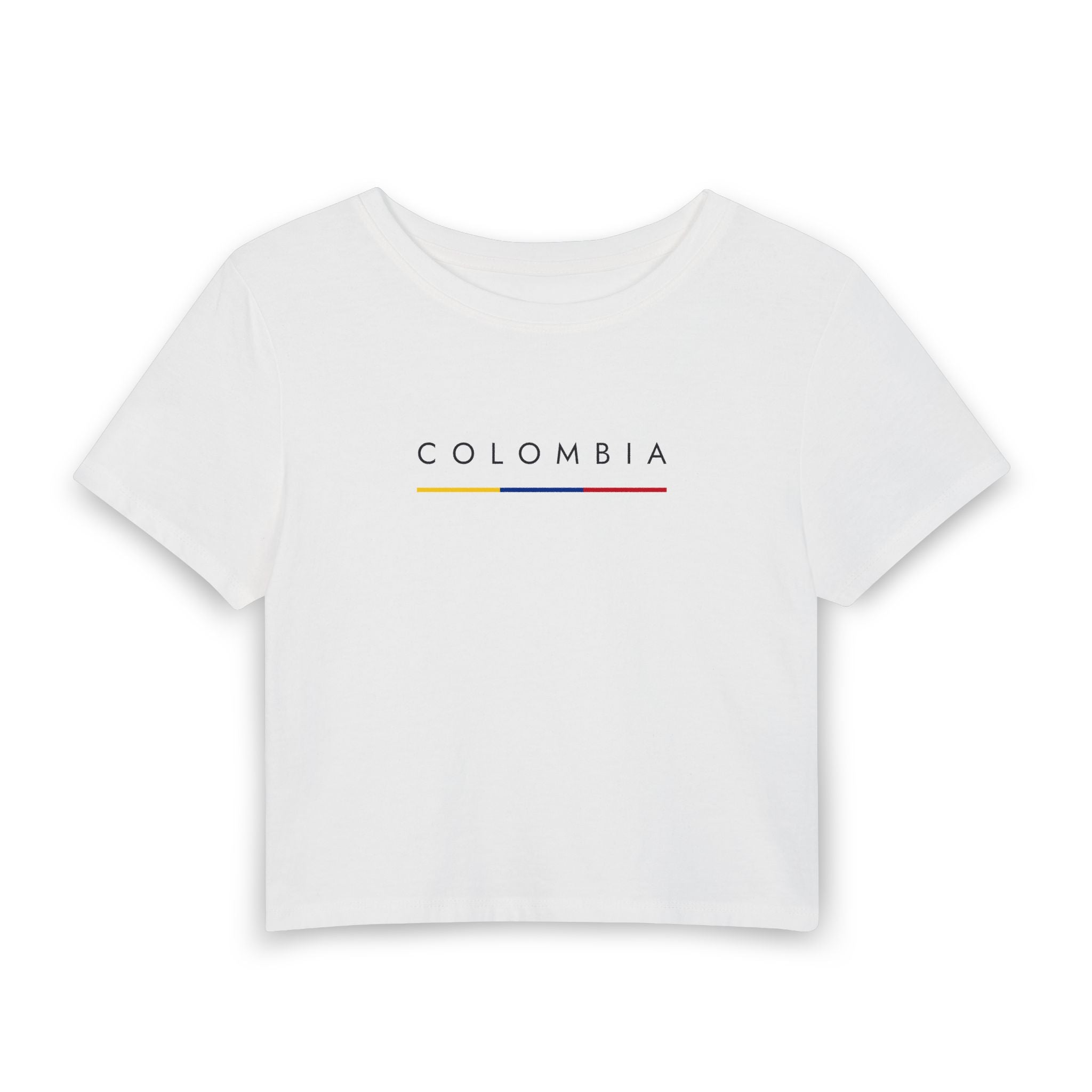 Colombia Minimalist Crop Tee — Colombia Text with Flag Stripes