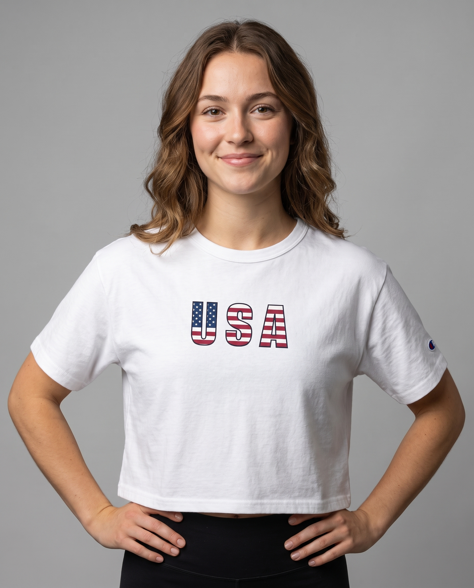 USA Flag Cropped Tee - Women's Patriotic Champion Style